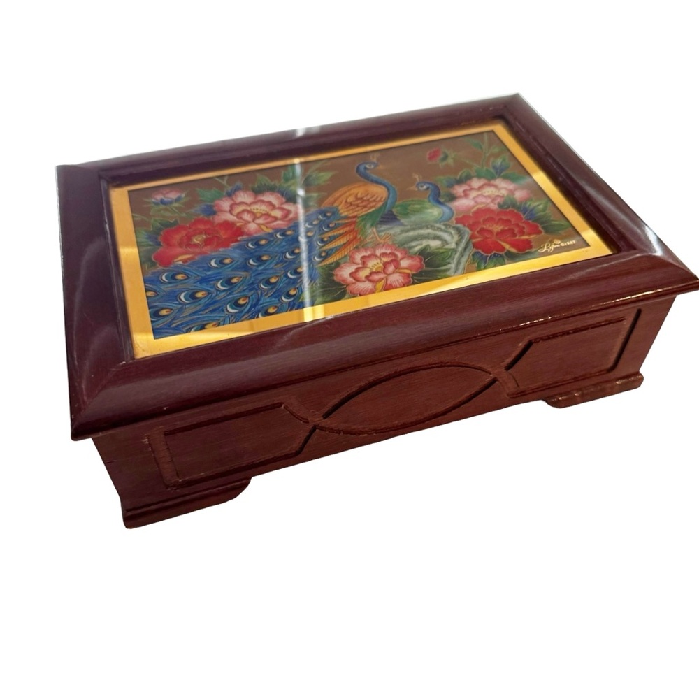 Renaissance jewelry Music Box Wood LEFTON China Peacock Floral Vintage 1987